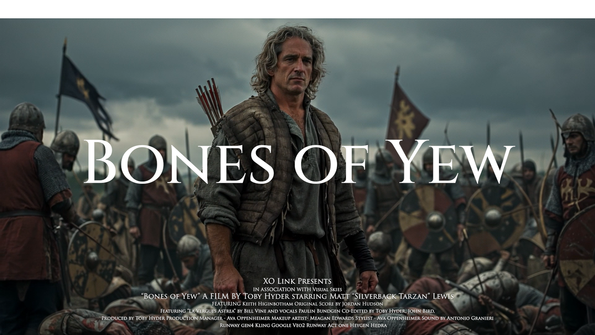 Poster for Bones of Yew: a figure walking through an old village toward a church under grey skies.